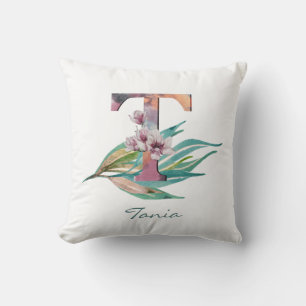 Coussin LETTRE T Florale personnalisée Aquarelle Monogramm