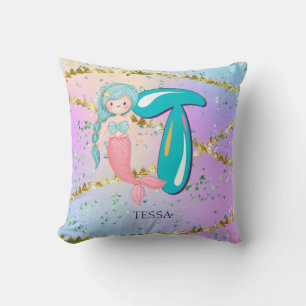Coussin Lettre T Monogramme Aquarelle mignonne Sirène