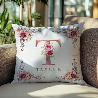 Coussin Lettre T Monogramme Florale en Or Rose Personnalis