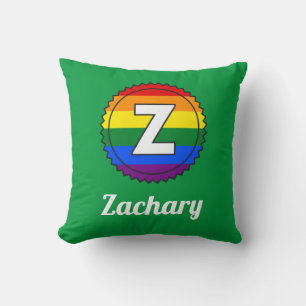 Coussin Lettre Z & Nom Gay pride Rainbow Monogram - Vert