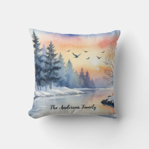 Coussin Lever de soleil aquarelle Oiseaux d'hiver Lac Noël