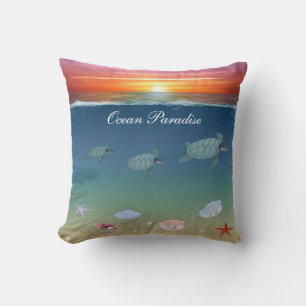 Coussin Lever de soleil, tortues de mer et coquillages
