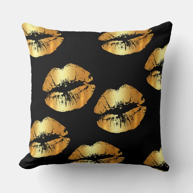 Coussin Lèvres d'or de luxe sur le carreau noir (Recto)