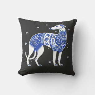 Coussin Lévrier de Noël Gris portant un Sweat Ugly Bl