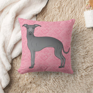 Coussin Lévrier Italien Bleu Chien Mignon Sur Cœurs Roses