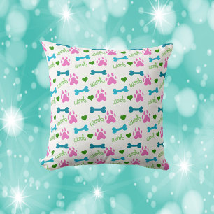 Coussin Levure de chien Paw Bone Pink Vert Turquoise