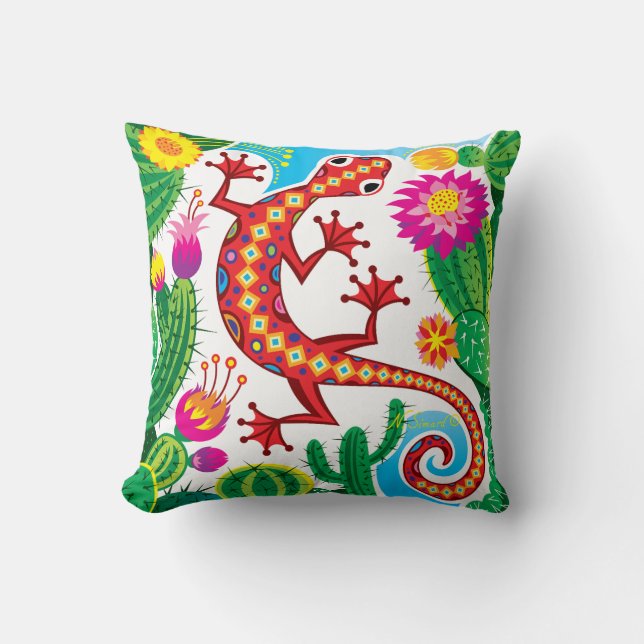 Coussin Lézard du Sud-Ouest avec Fleurs de Cactus (Recto)