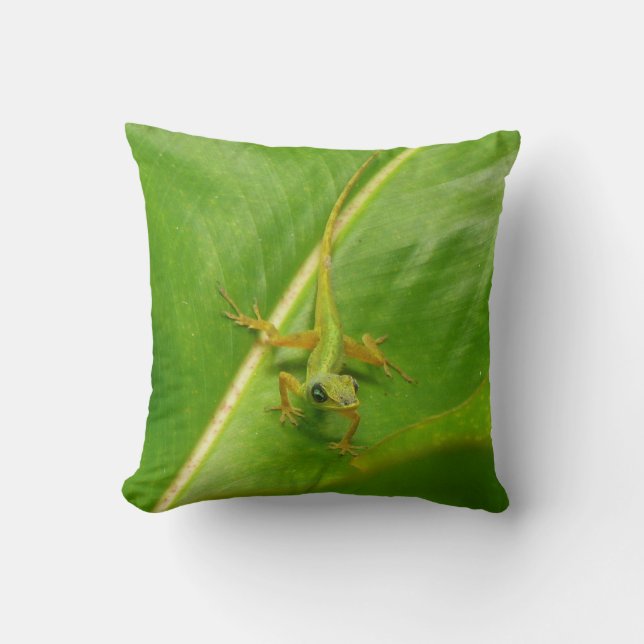 Coussin Lézard vert sur feuille verte (Recto)
