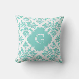 Coussin Lg Aqua Floral Damask #3 Aqua Quatrefoil Monogramm