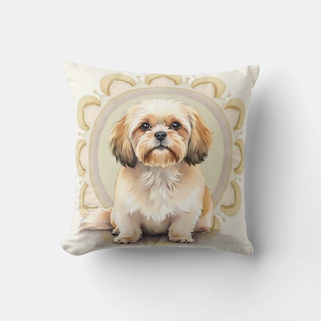 Coussin Lhasa Apso Aquarelle Mandala Cercle Art (Recto)