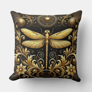 Coussin Libellule dorée entourée de motifs floraux ornés