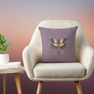 Coussin Libellule Monogramme Art Populaire Violet Bleu Ora
