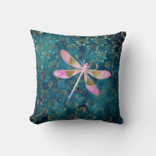 Coussin Libellule rose d'or sur l'arrière - plan floral de
