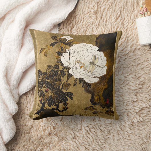 Coussin Libellule sur pivoine japonaise dorée botanique vi (Couverture)