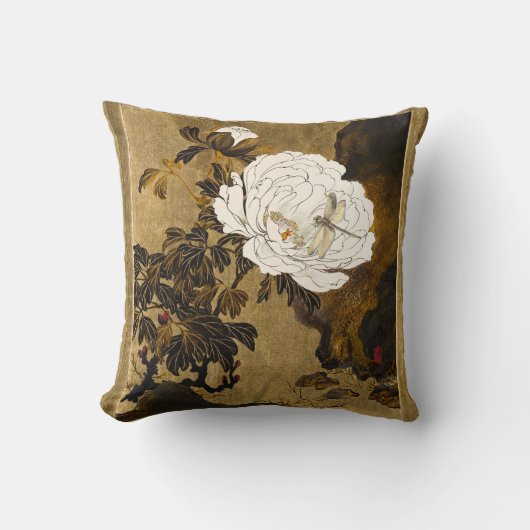 Coussin Libellule sur pivoine japonaise dorée botanique vi (Recto)
