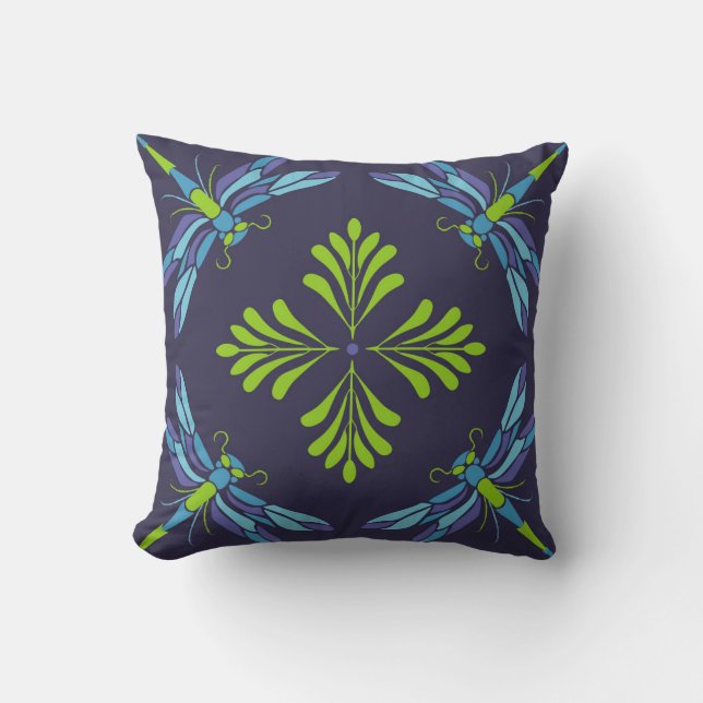 Coussin libellule verte motif vintage sur dossier foncé (Recto)