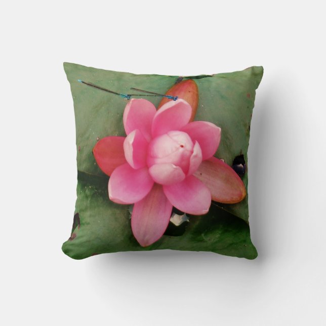 Coussin Libellules bleues sur un lotus rose (Recto)