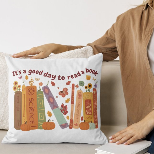 Coussin Librairie Lovers Orange Citrouille & Fall Leaves (Librarian book Lovers wight Pillow Natural color, cute orange pumpkin, fall/autumn, Its A Good Day )