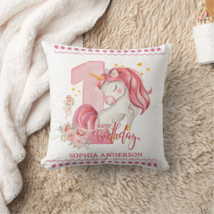 Coussin Licorne 1er Anniversaire Fille Rose
