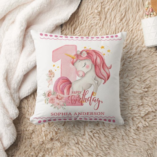 Coussin Licorne 1er Anniversaire Fille Rose (Couverture)