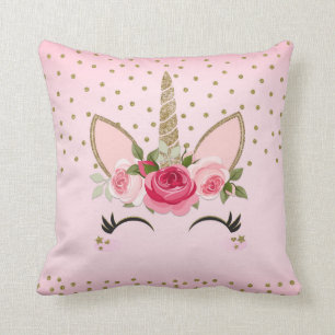 Coussin Licorne à paillettes dorées et fleurs roses