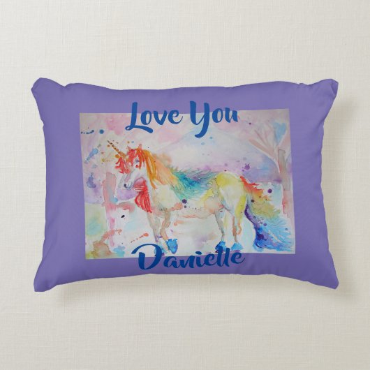 Coussin Licorne Arc-en-Ciel Aquarelle Amour Violet (Devant)