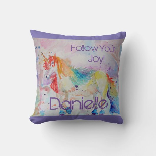 Coussin Licorne Arc-en-Ciel Aquarelle Violet Enfants Migno (Recto)