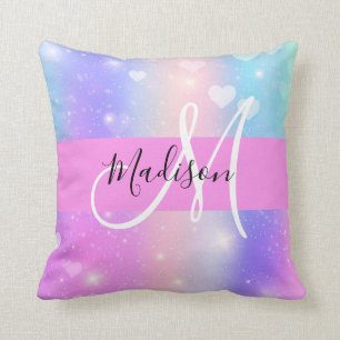 Coussin Licorne Arc-en-Ciel Cœurs Monogramme Coloré Fémini