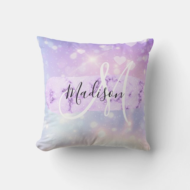 Coussin Licorne Arc-en-ciel Cœurs Pailletés Monogramme Fém (Recto)