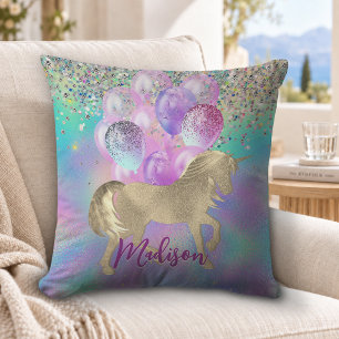 Coussin Licorne arc-en-ciel pailletée ballons monogramme