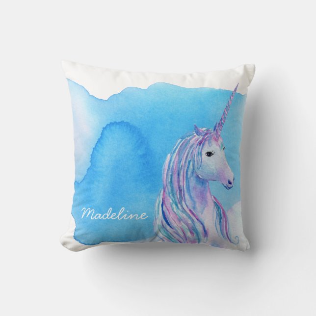 Coussin Licorne d'aquarelle personnalisée par bleu d'Aqua (Recto)