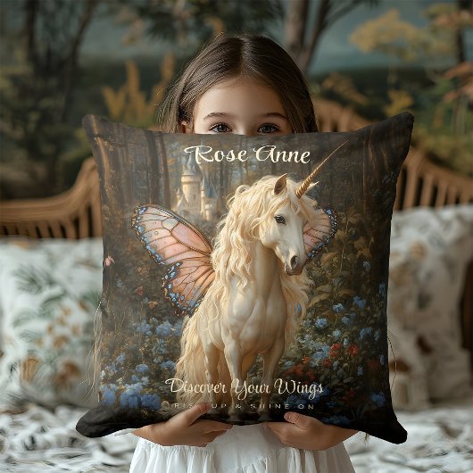Coussin Licorne de la Forêt Blanche Ailes de Papillon Rose