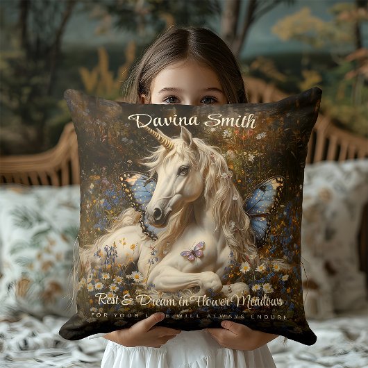 Coussin Licorne de la Forêt Blanche Papillon Bleu Prairie