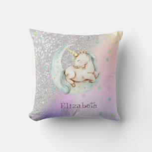 Coussin Licorne en aquarelle Lune Étoiles, Bokeh Paillette
