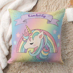 Coussin Licorne et arc-en-ciel pailleté or personnalisé