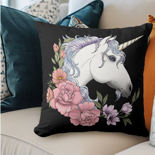 Coussin licorne et fleurs blanches