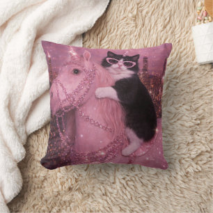 Coussin Licorne Féerique Chat sous la Ville Étincelante   