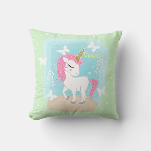 Coussin Licorne mignonne avec papillons. (Recto)