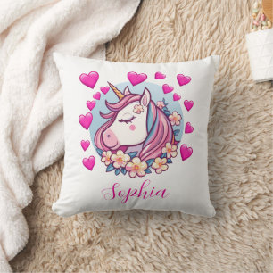 Coussin Licorne Mignonne, Cœurs Roses & Fleurs, Nom Person