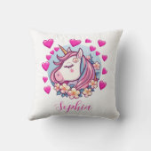 Coussin Licorne Mignonne, Cœurs Roses & Fleurs, Nom Person (Verso)