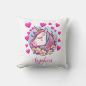 Coussin Licorne Mignonne, Cœurs Roses & Fleurs, Nom Person (Recto)