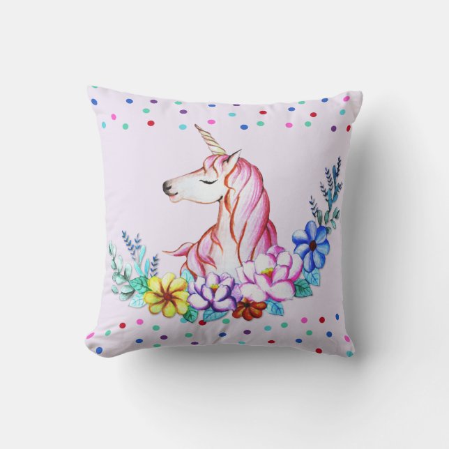 Coussin Licorne mignonne d'aquarelle avec floral (Recto)