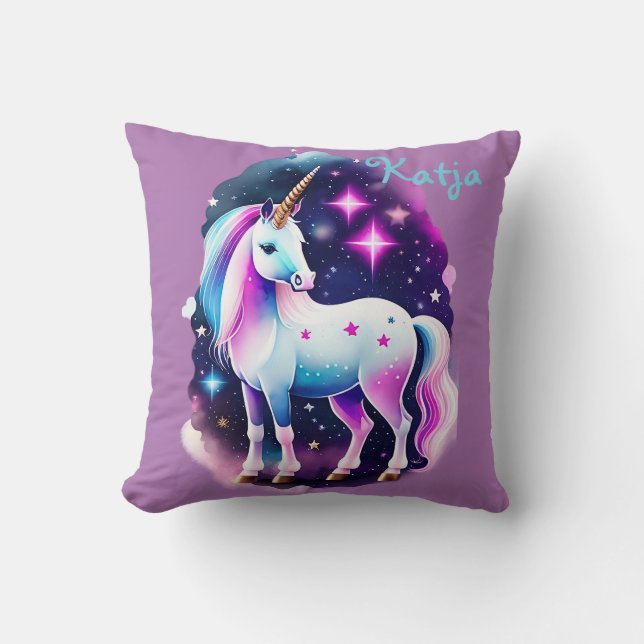 Coussin licorne mignonne devant un ciel étoilé scintillant (Recto)