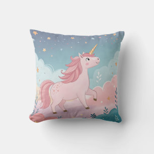 Coussin Licorne Rose avec Corne Dorée – Nuages Pastel