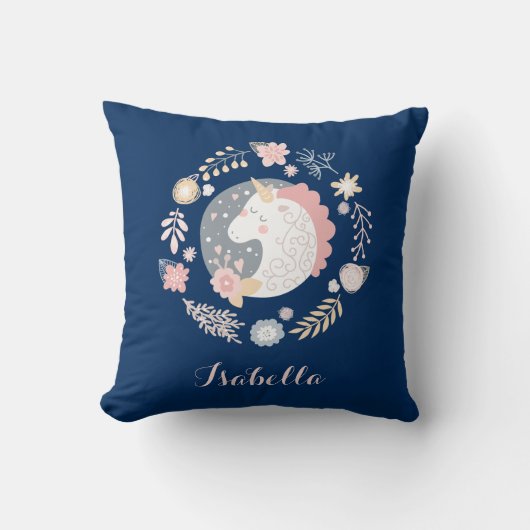 Coussin Licorne Rose Bleu Joli Nom Personnalisé (Recto)