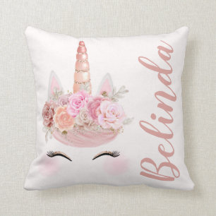 Coussin Licorne rose personnalisée d'or florale