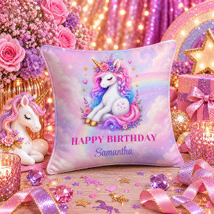 Coussin Licorne Rose Violette Fille Fêtant Son Anniversair