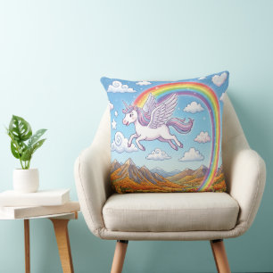 Coussin Licorne volante de dessin animé avec arc-en-ciel