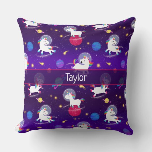 Coussin Licornes Arc-En-Ciel Dans L'Espace Dégradé Violet (Recto)