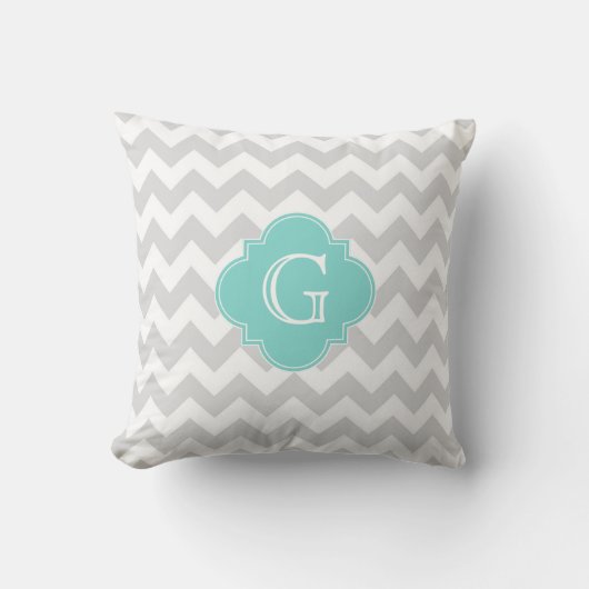 Coussin Light Gray White Chevron Aqua Quatrefoil monogram (Recto)